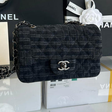 Small Flap Bag 20 In Black Denim And Calfskin Lining Silver Hardware