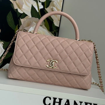 Coco Handle Medium 29CM Pink Beige Quilted Caviar Leather Gold Hardware