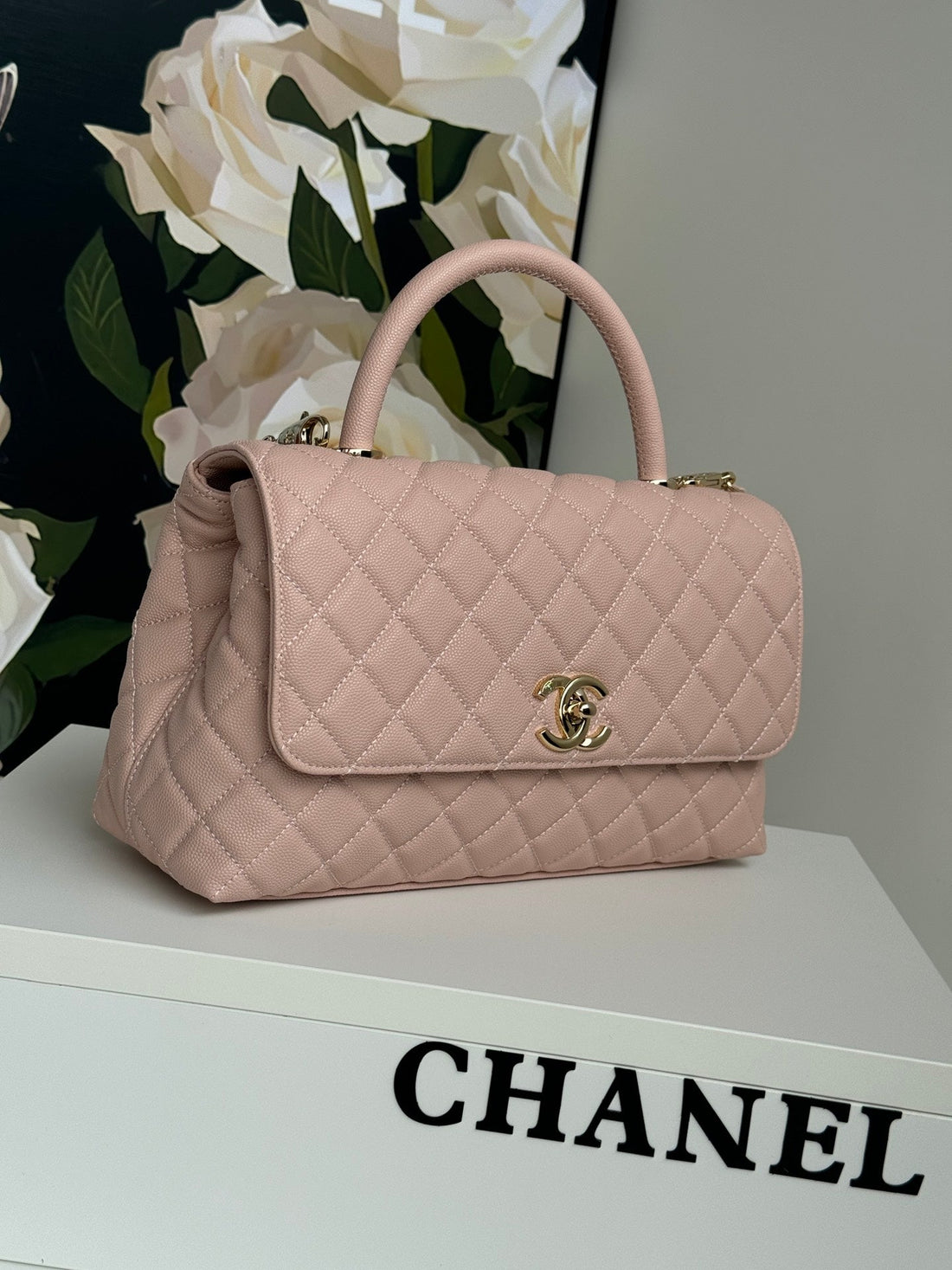 Coco Handle Medium 29CM Pink Beige Quilted Caviar Leather Gold Hardware