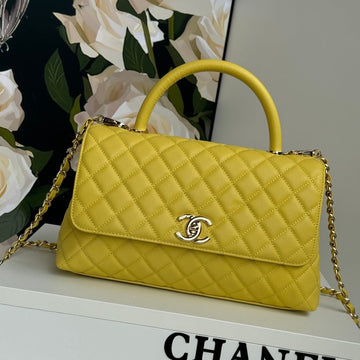 Coco Handle Medium 29CM Yellow Quilted Caviar Leather Gold Hardware