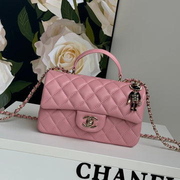24C Mini Flap Bag 20CM With Top Handle Pink Calfskin Silver Hardware
