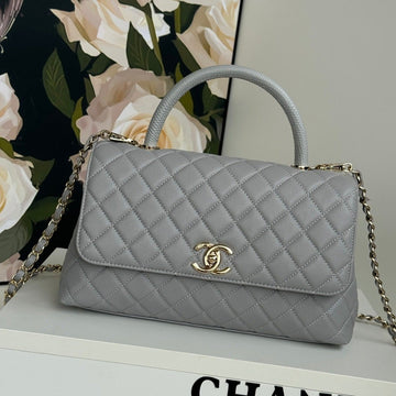 Coco Handle Medium 29CM Grey Quilted Caviar Leather Gold Hardware