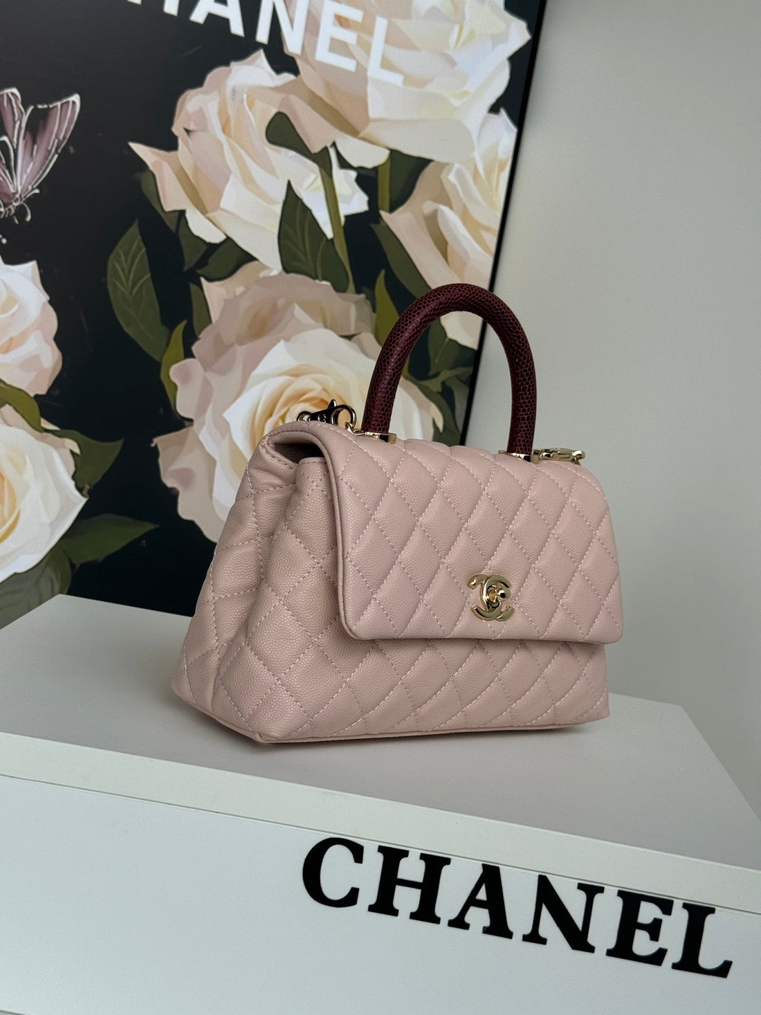 Coco Handle Flap Bag 24CM Pastel Pink Red Quilted Caviar Leather
