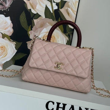 Coco Handle Flap Bag 24CM Pastel Pink Red Quilted Caviar Leather