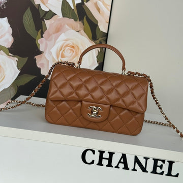 Flap Bag 20 In Bronze Brown Lambskin With Handle