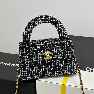 Kelly Shopping Bag 19 In Black Mix White Tweed Gold Hardware