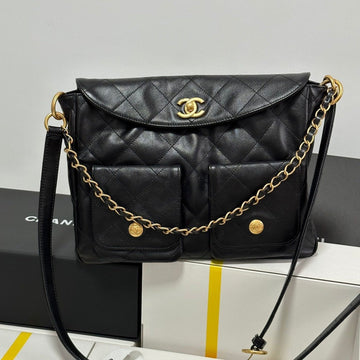 Hippie Hobo Postman Bag 30 In Black Calfskin Gold Hardware