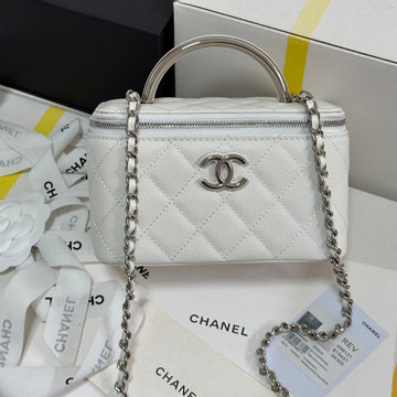 MINI VANITY TOP HANDLE CASE 17 IN WHITE CAVIAR SKIN SILVER-TONE PLATED METAL Bags Bible