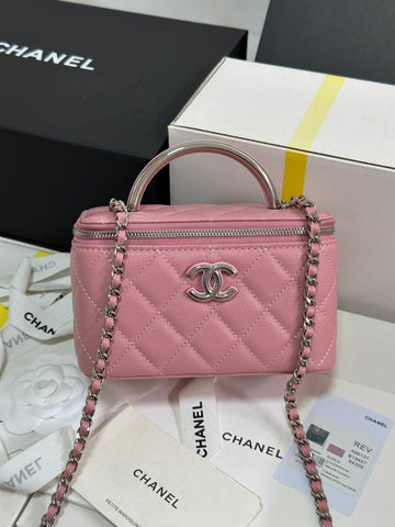 CC 25P Vanity Case 17CM Pink Pastel Leather Silver Hardware 243463