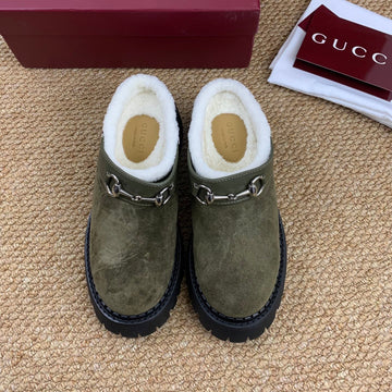 Gucci Fw 25 Horsebit Suede Clog Dark Green Suede With Shearling 506446