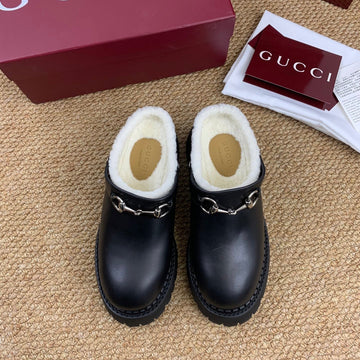 Gucci Fw 25 Horsebit Suede Clog Black Leather With Shearling 506443