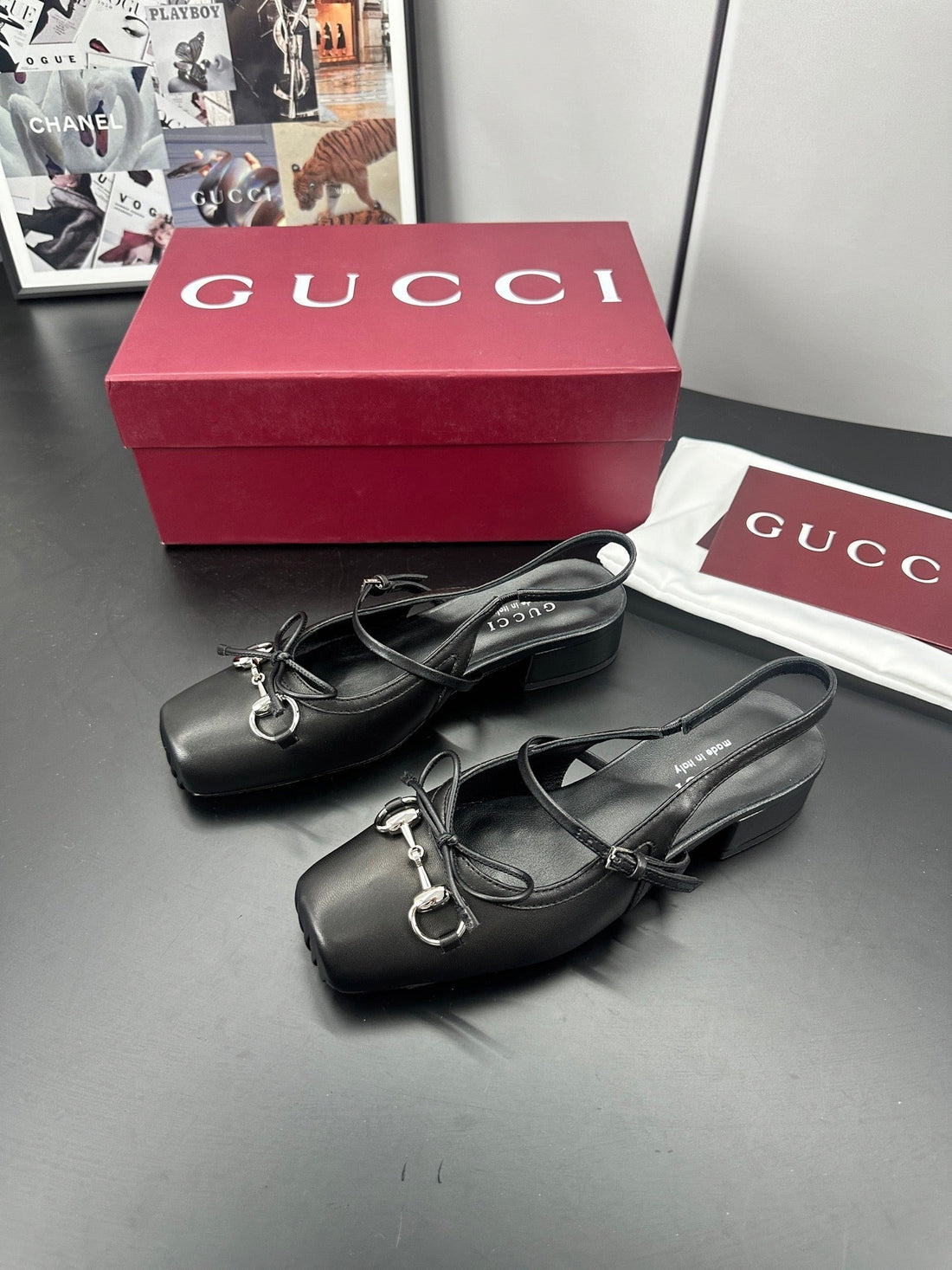 GG 26S Horsebit Slingback 2.5cm Black Sheepskin 688315