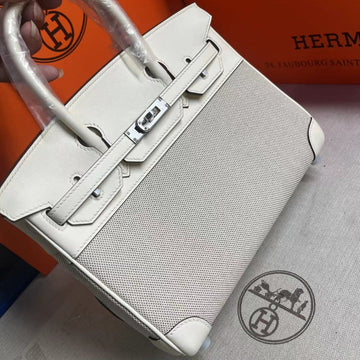 HM Quadrille Birkin 25CM White Swift Leather Grey Toile