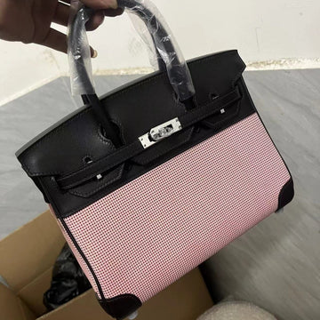 HM Quadrille Birkin 25CM Black Swift Leather Pink Toile