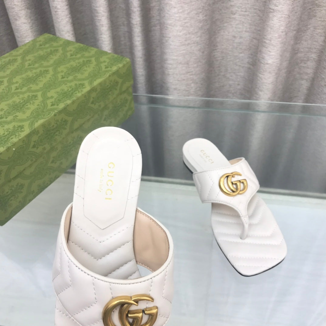 GG Marmont Logo -- Embellished Mattelasse Leather Sandal In White