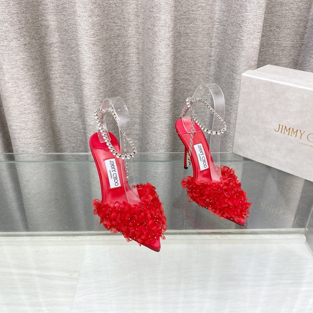 Jimmy Choo Saeda Pumps Red Mesh Lambskin 668534