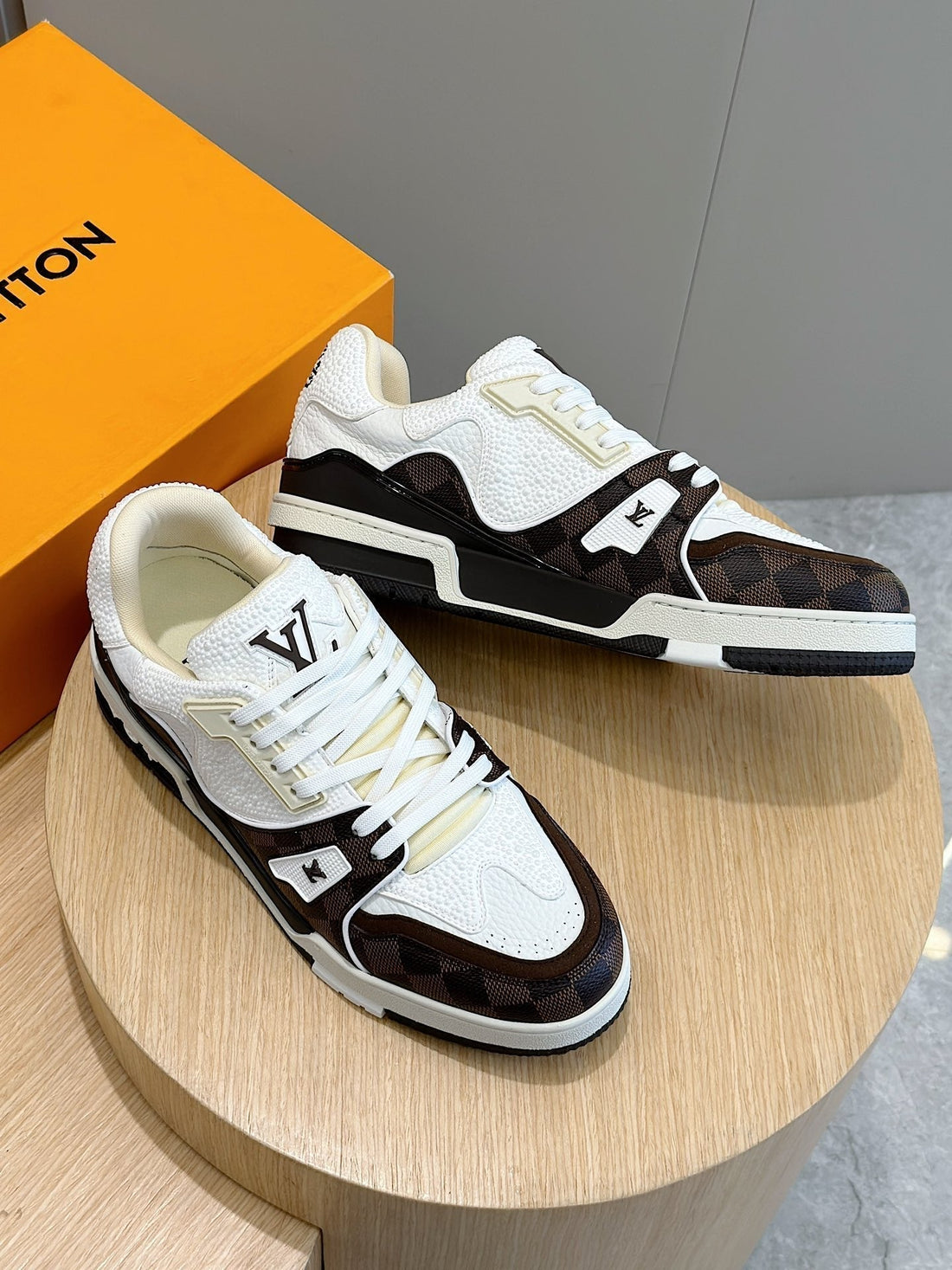 LV Trainer Chocolate Brown Damier Mix White Grained Calfskin