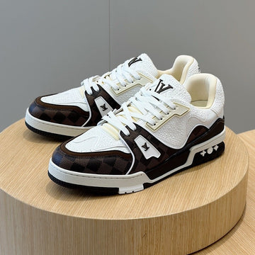 LV Trainer Chocolate Brown Damier Mix White Grained Calfskin