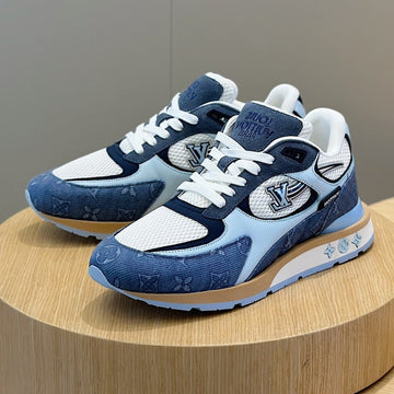 LV Run Away Sneakers In Cerulean Blue Mesh Fabric And Suede