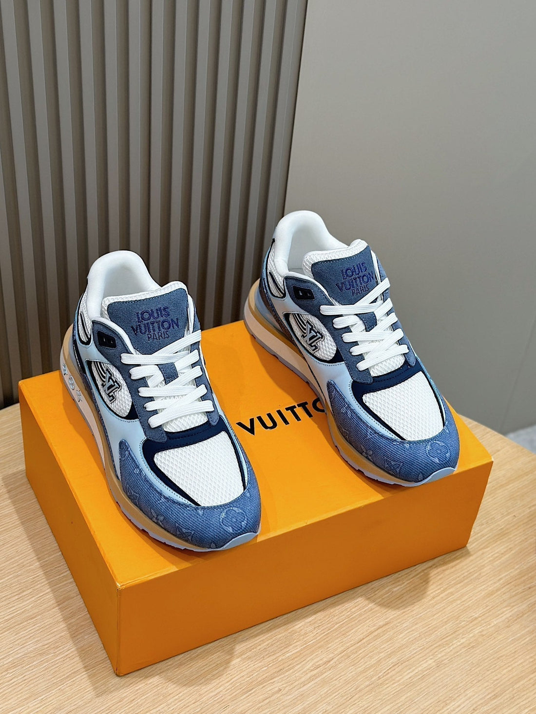 LV Run Away Sneakers In Cerulean Blue Mesh Fabric And Suede