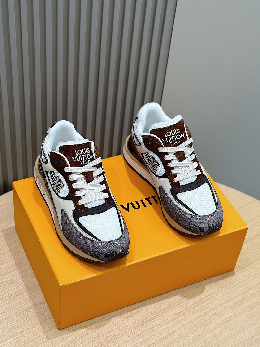LV Run Away Sneakers In Brown Mesh Fabric And Suede