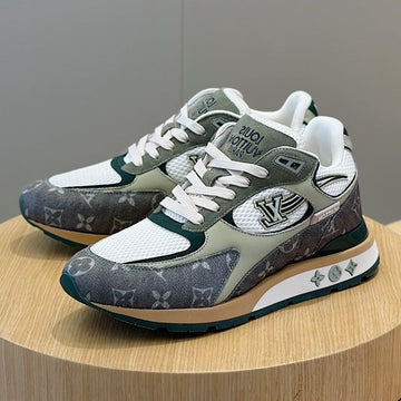 LV Run Away Sneakers In Grey Mesh Fabric And Suede