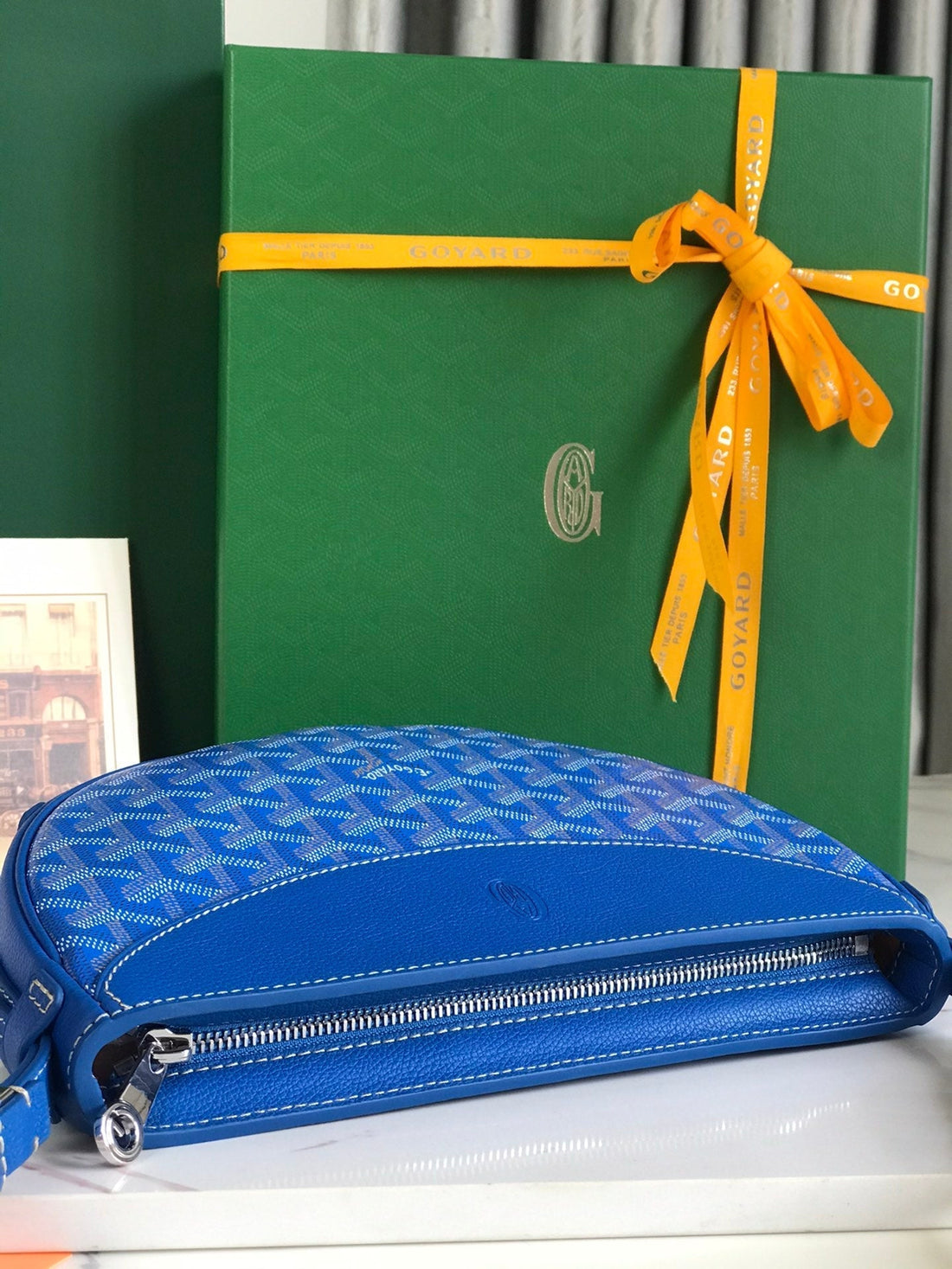 Hirondelle Bag 25 In Sapphire Blue Lambskin And Goyardine Canvas
