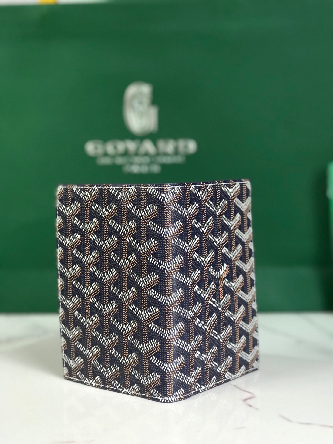 Goyard Grenelle Passport Cover 10CM Navy Blue Canvas & Cafskin