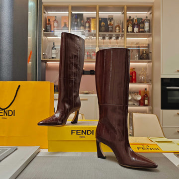 Fendi 25SS High-Heeled Boots Reddish Brown Sheepskin 502719
