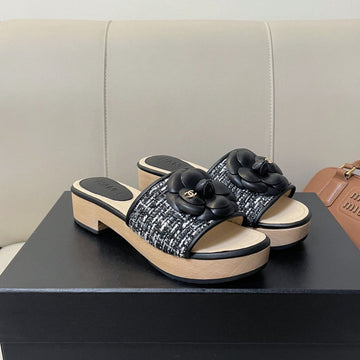 CC Mule Sandal 45 Black White Fabric Beige Calfskin