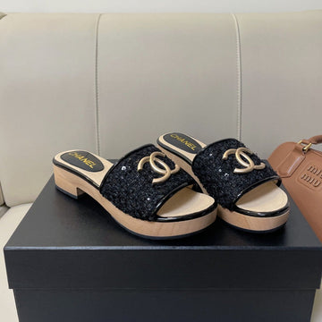 CC Mule Sandal 45 Black Tweed Beige Calfskin