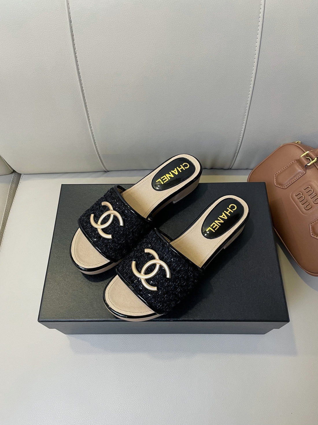 CC Mule Sandal 45 Black Tweed Beige Calfskin
