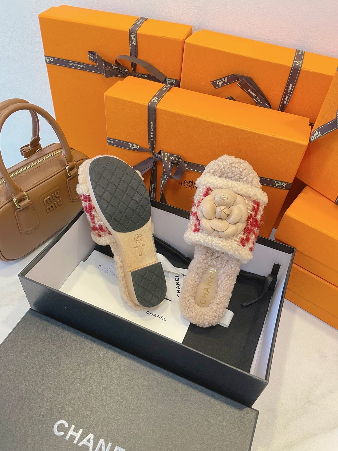 CC 25C Logo Slippers 50MM Multicolor Shearling Wood Sheepskin 423694