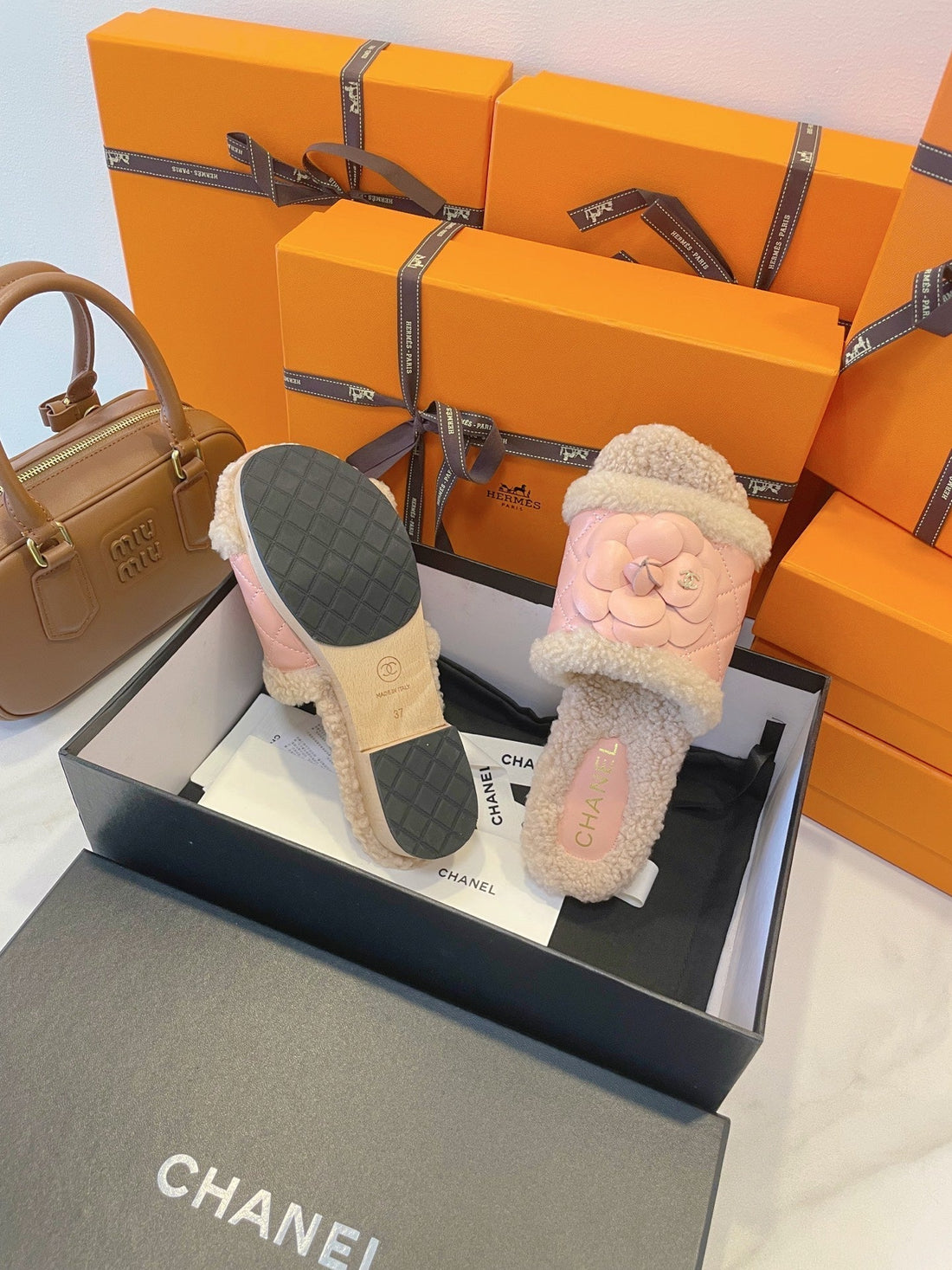 CC 25C Flower Slippers 50MM Pink Shearling Wood Sheepskin 423697