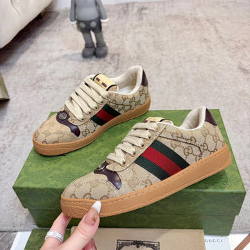GG 26SS Screener Sneaker Beige Brown Canvas Cowhide 697183