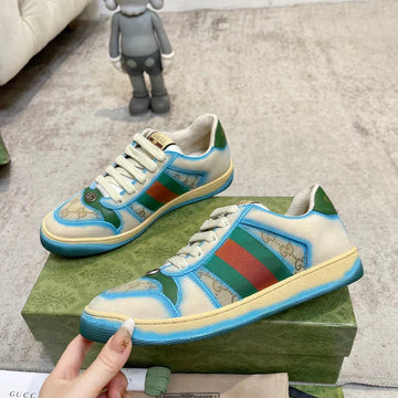 GG 26SS Screener Sneaker Beige Blue Green Cowhide 697181