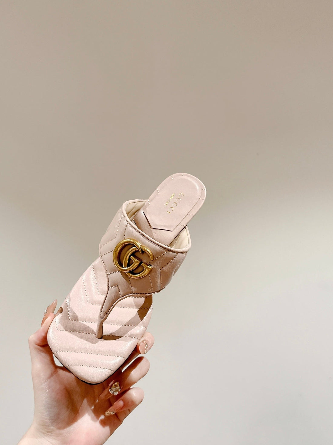 High Thong Mule 55MM In Beige Cream Calfskin With Gold Hardware