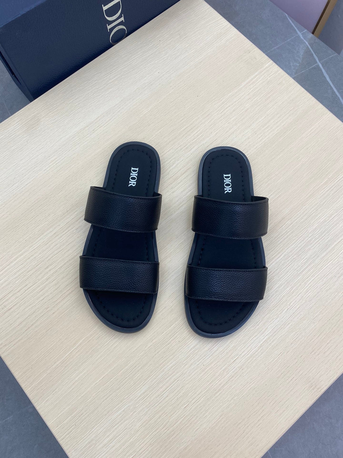 CD Double Strap Slipper Black Grained Calfskin