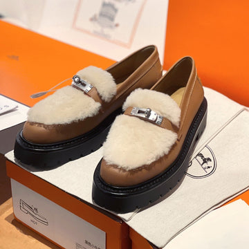 Hm Icone Loafer Brown Calfskin And Rabbit Fur 100131