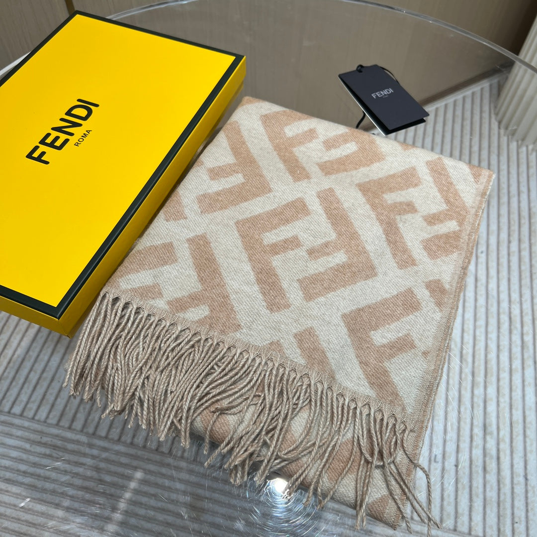 Ff 170 Cm Scarf In Beige Wool And Cashmere