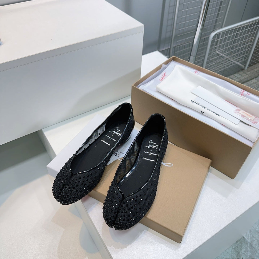 Cl X Maison Margiela Ballerina Flats Black Mesh Sliver Leather 639690