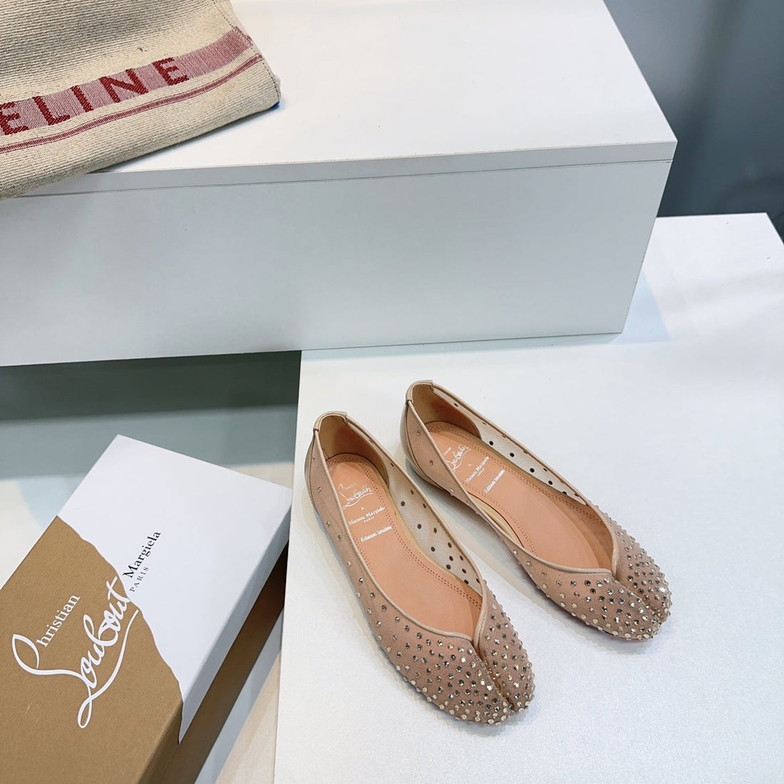 Cl X Maison Margiela Ballerina Flats Beige Mesh Sliver Leather 639691