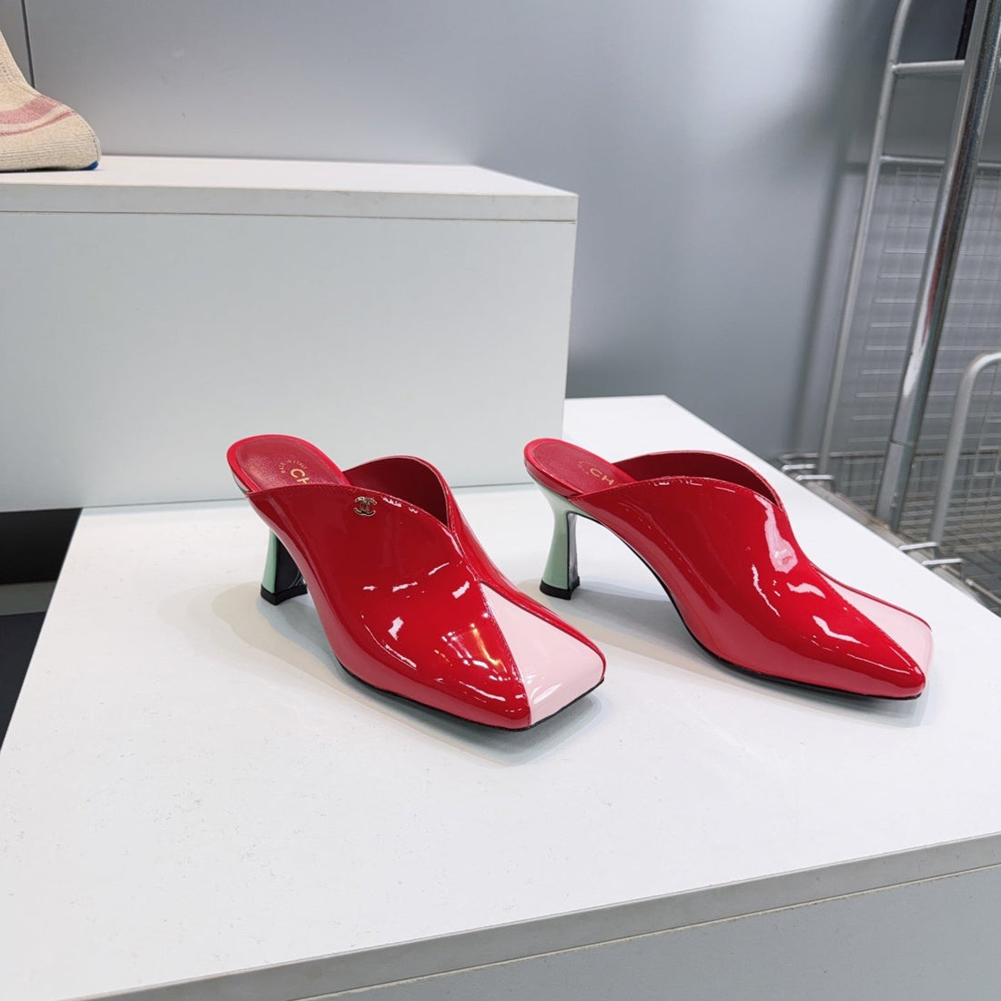CC Fall 2026 Square Toe High-Heeled Sandals 7CM Red Pink Patent Leather