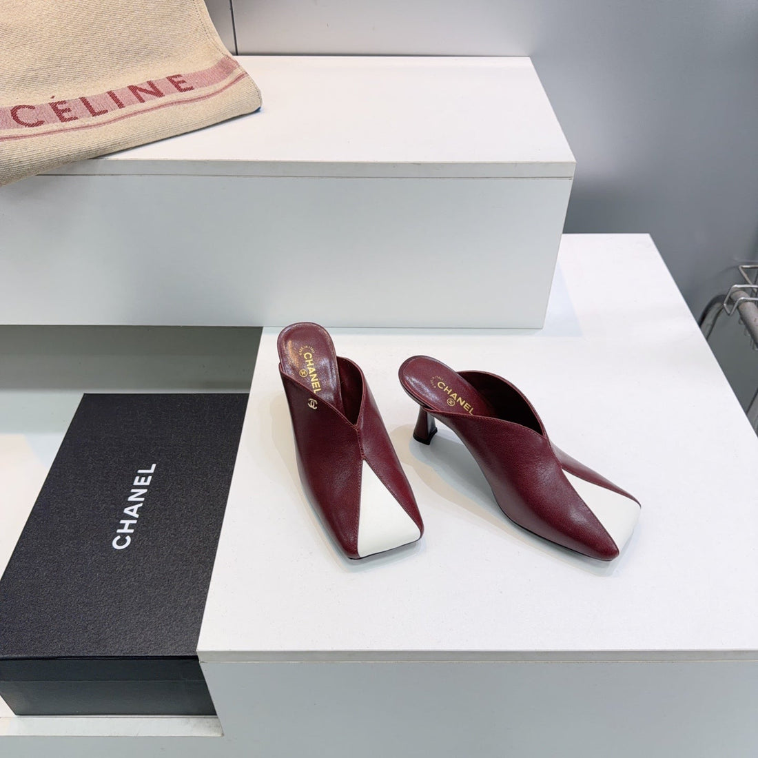 CC Fall 2026 Square Toe High-Heeled Sandals 7CM Burgundy White Sheepskin