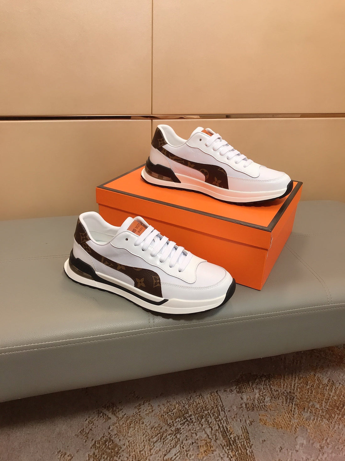 LV Sneakers In Grey Mix Brown Calfskin And Printed Fabric