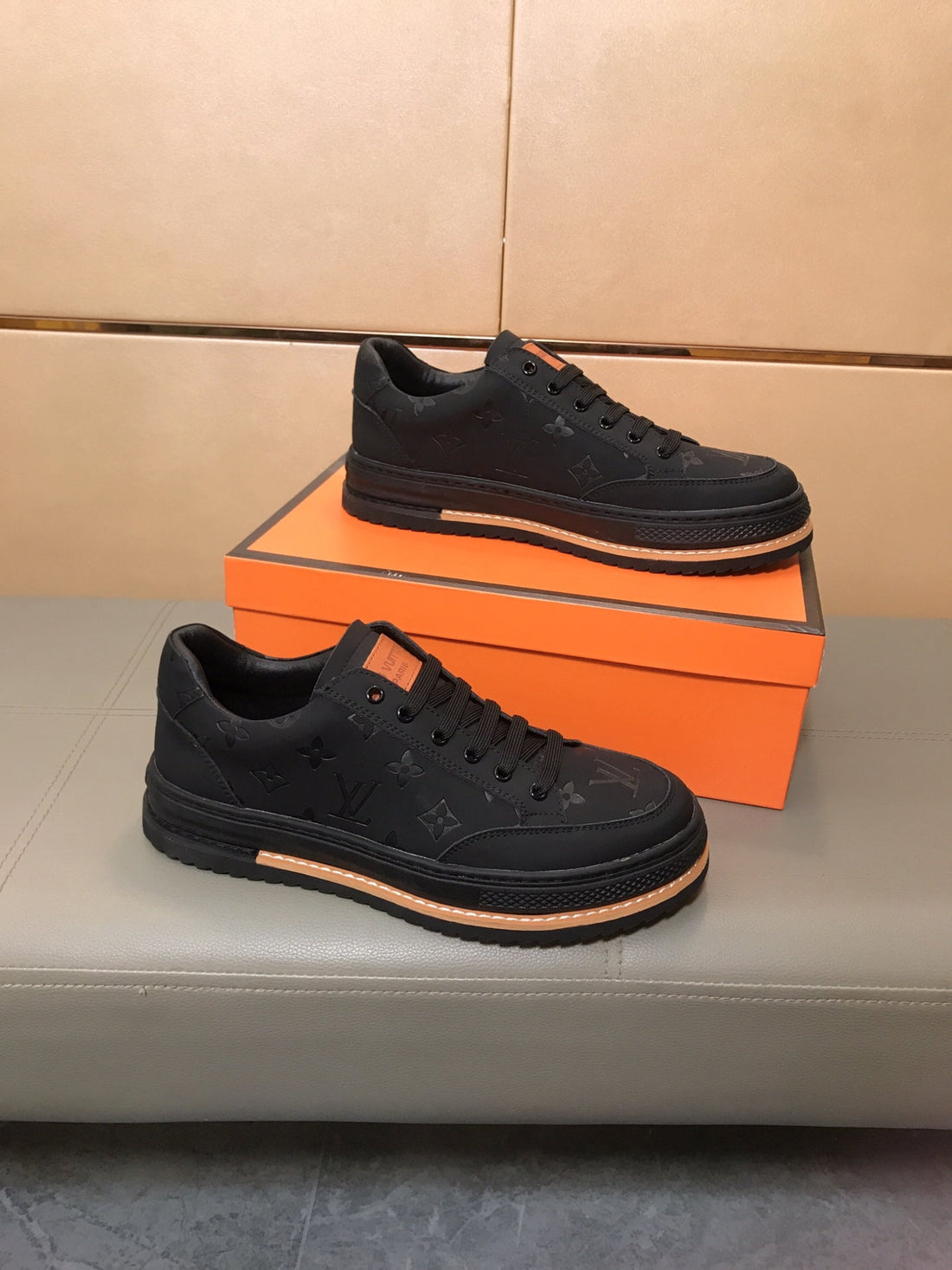 LV Trainer In Embossed Black Suede