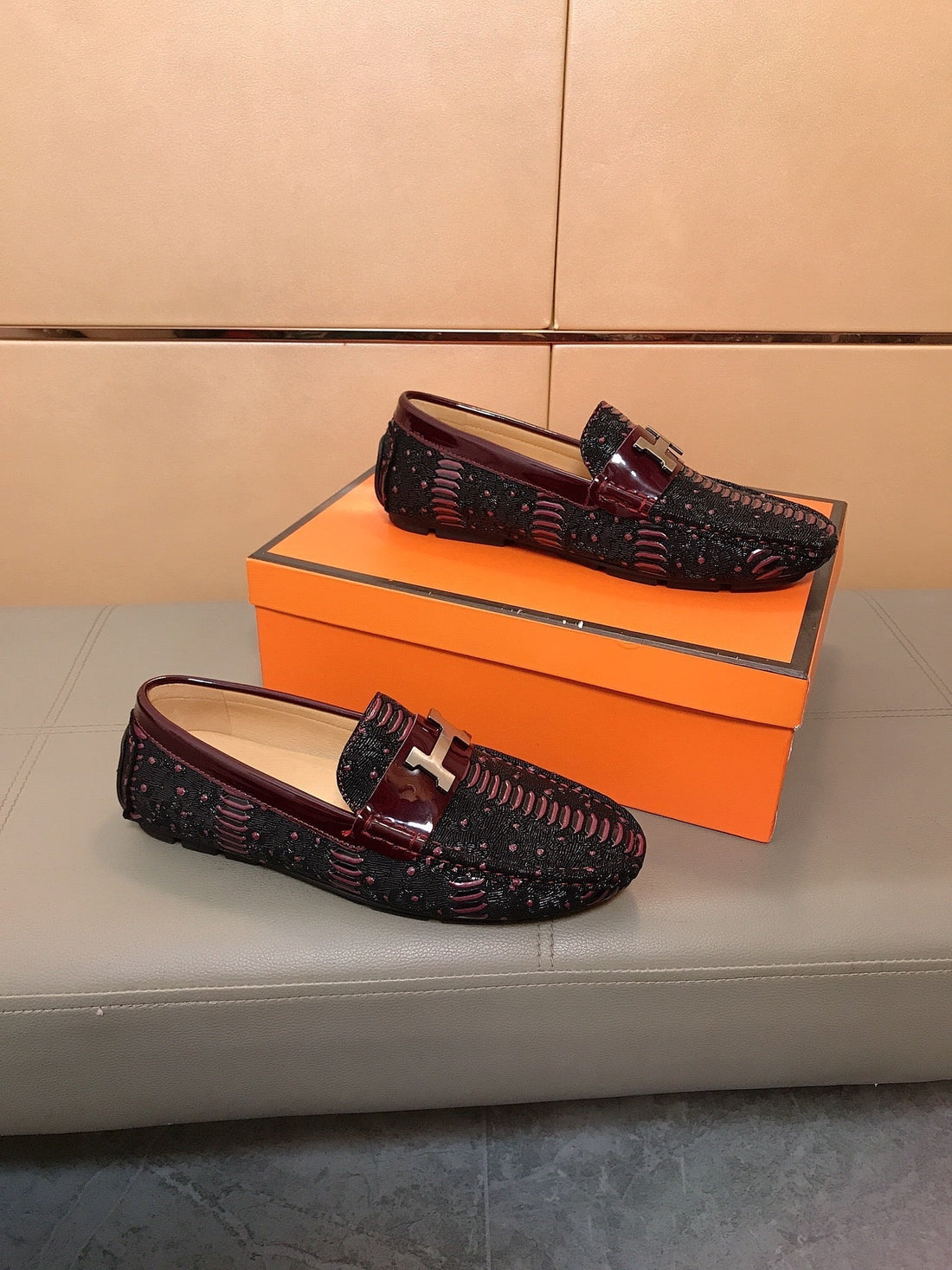 Hm Men's Korean Loafer Black Burgundy Embossed