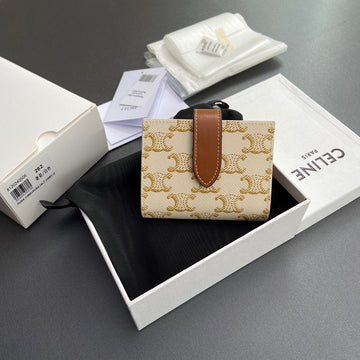 Triomphe Celine Small Strap Wallet Beige Canvas&Cowhile