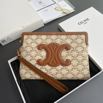 Triomphe Print Small Pouch Tan Beige Cowhide