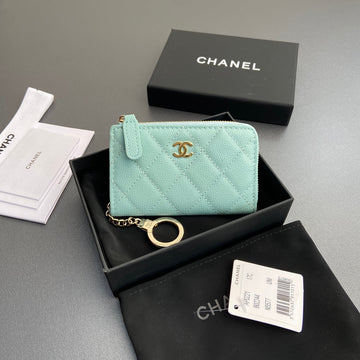 CC Hook & Chain Zipper Card Holder Light Blue Caviar Ghw 234713